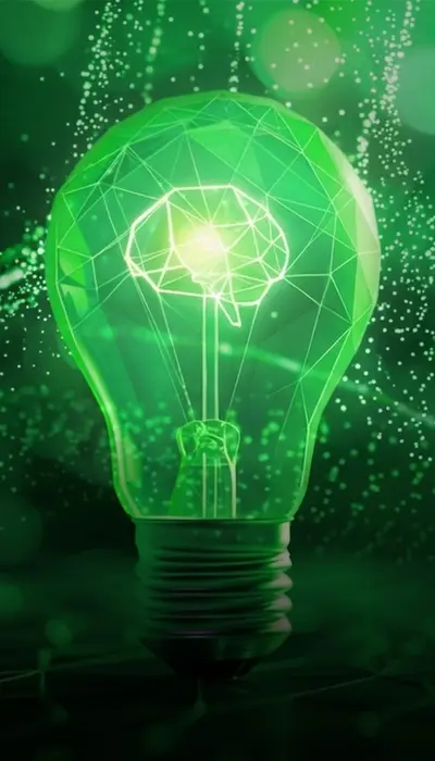 Abstract green illustration of a lightbulb with a brain inside representing Rikka Law's legal insights and technology law commentary