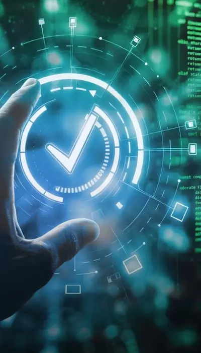 Hand zooming in on a checkmark graphic representing Rikka Law's verified strategic partnerships