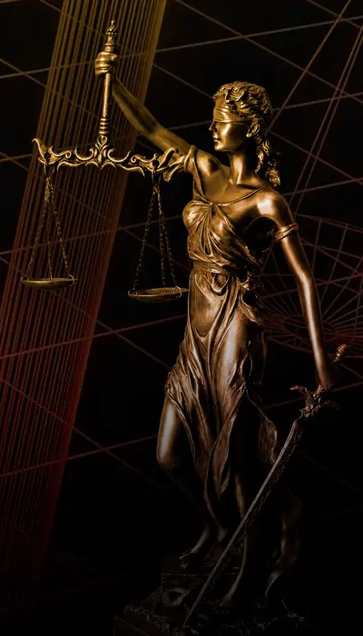 Rikka Law R icon with a Lady Justice scales statue over a dark abstract greenish blue background representing legal staff augmentation and human capital management services