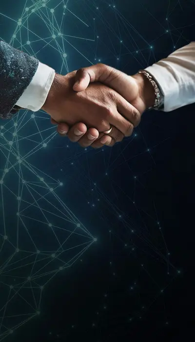 Rikka Law R icon with a handshake over an abstract blue nodes background representing business and technology transactions legal services