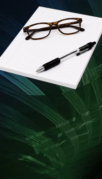 Rikka Law R icon with a notebook, pen, and glasses over a dark painterly abstract background representing Rikka Law's practical legal education and training programs for lawyers