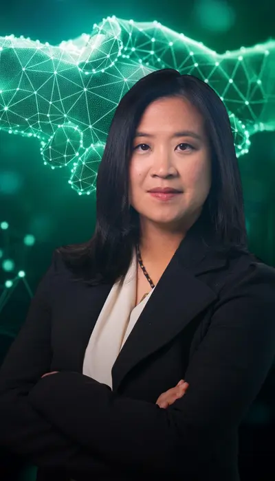 Charlyn Ho, founder and CEO of Rikka Law, with an abstract technology handshake graphic representing the firm's leadership in technology and AI law