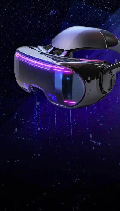Rikka Law R icon with a VR headset over a dark abstract background representing legal services for startups and emerging technology companies