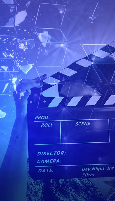 Woman holding a film clapperboard over a purple abstract background representing Rikka Law's video resources